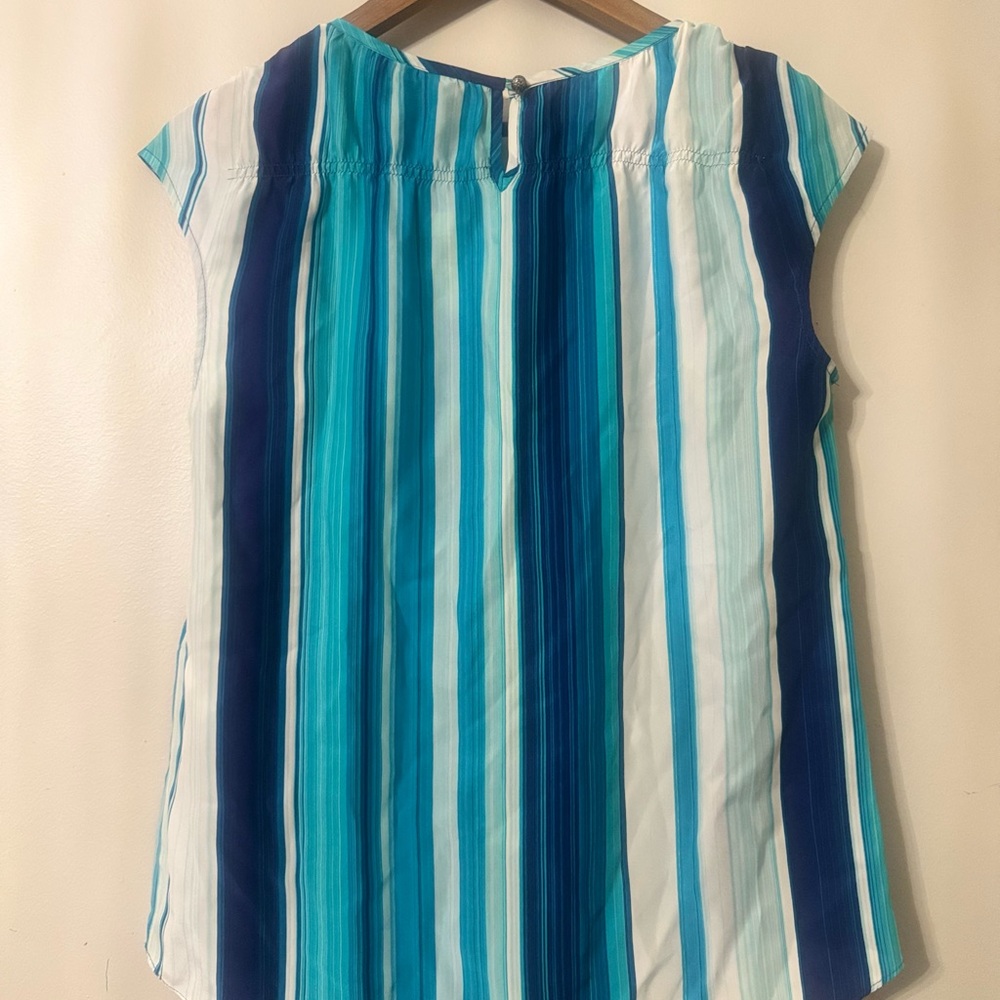 NWT Lucky Brand 100% Silk Striped Cap Sleeve Blouse Top Blue Teal Women’s Small - Picture 5 of 10